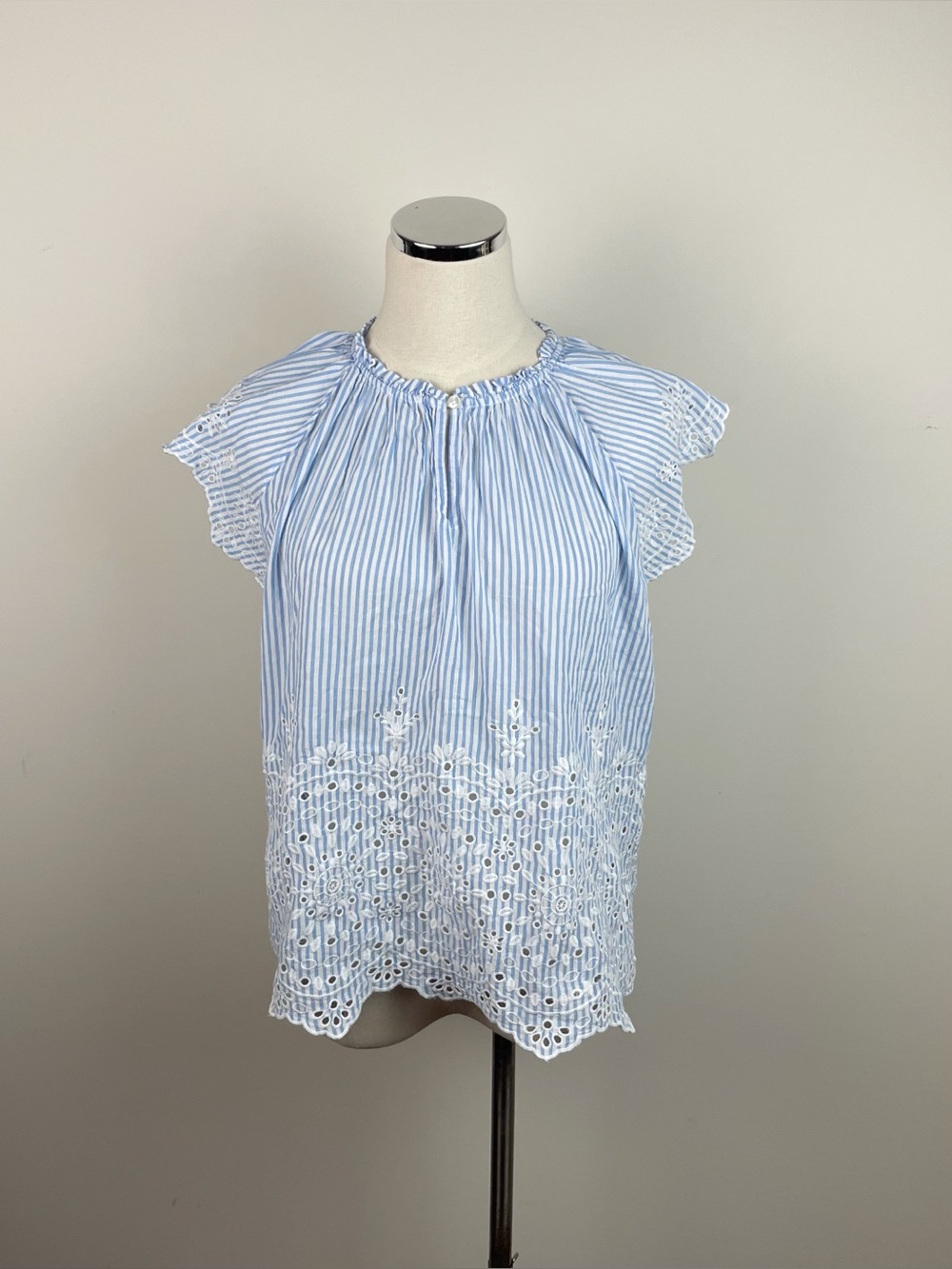 Philosophy Blue White Stripe Floral Eyelet Preppy Blouse Top Women Medium
